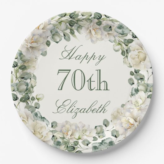 Elegant 70th Birthday Floral Greenery ペーパープレート (正面)