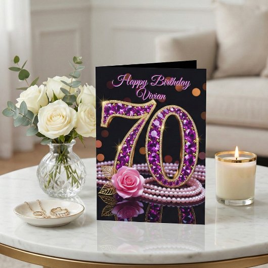 Elegant 70th Birthday Gold Purple Amethyst Rose  カード