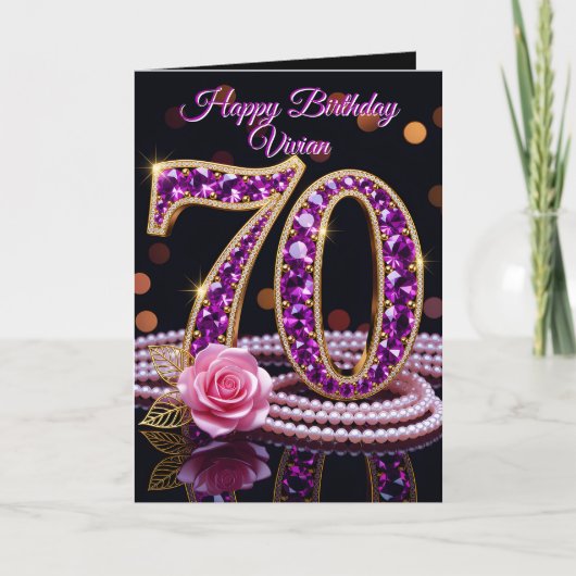 Elegant 70th Birthday Gold Purple Amethyst Rose  カード (正面)