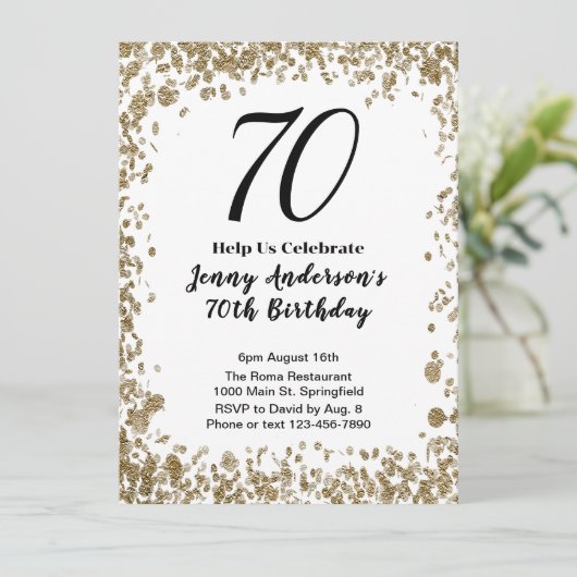Elegant 70th Birthday Invitation For Her in Gold 招待状 (スタンド正面)