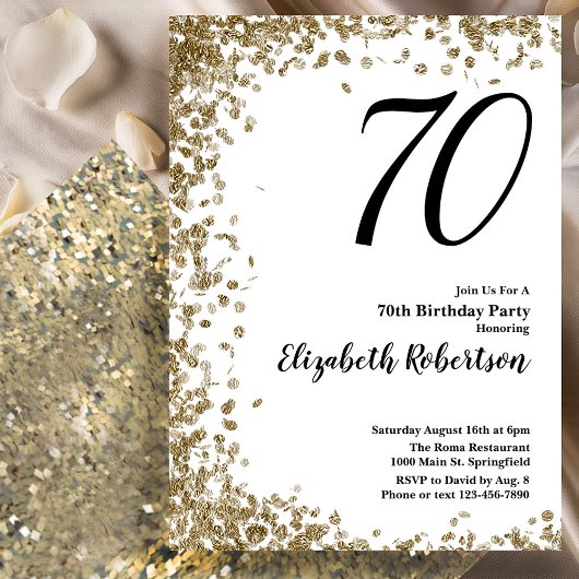 Elegant 70th Birthday Invitation With Gold Sequins 招待状