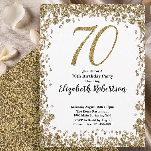 Elegant 70th Birthday Invitation With Gold Sequins 招待状