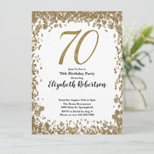 Elegant 70th Birthday Invitation With Gold Sequins 招待状 (スタンド正面)