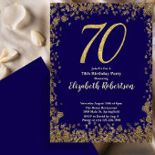 Elegant 70th Blue Birthday Invitation Gold Sequin 招待状