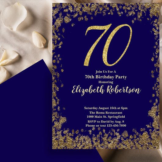 Elegant 70th Blue Birthday Invitation Gold Sequin 招待状