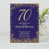 Elegant 70th Blue Birthday Invitation Gold Sequin 招待状 (スタンド正面)