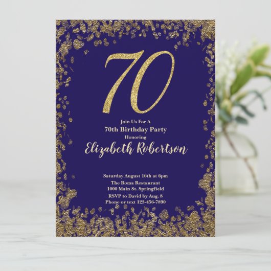 Elegant 70th Blue Birthday Invitation Gold Sequin 招待状 (スタンド正面)