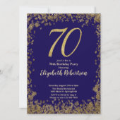 Elegant 70th Blue Birthday Invitation Gold Sequin 招待状 (正面)