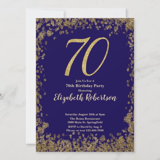 Elegant 70th Blue Birthday Invitation Gold Sequin 招待状 (正面)