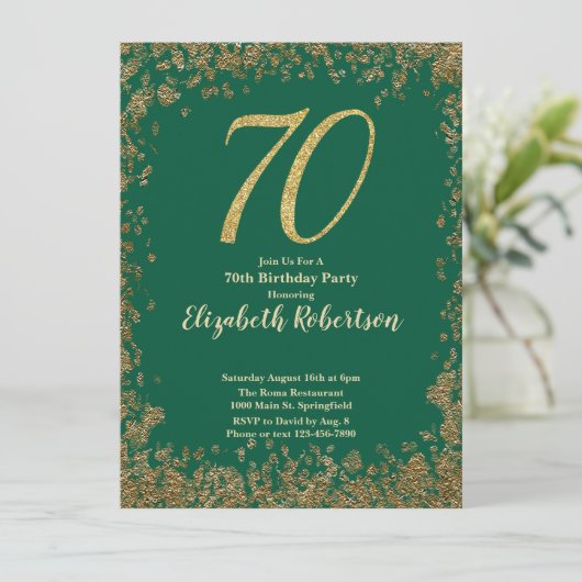 Elegant 70th Green Birthday Invitation Gold Sequin 招待状 (スタンド正面)