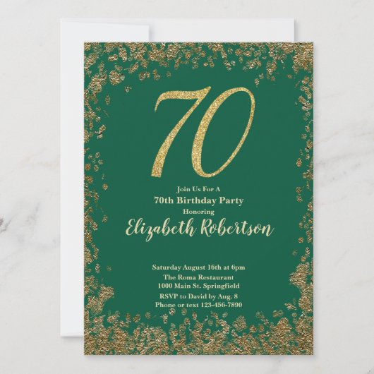 Elegant 70th Green Birthday Invitation Gold Sequin 招待状 (正面)