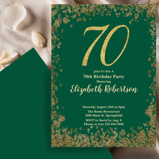 Elegant 70th Green Birthday Invitation Gold Sequin 招待状