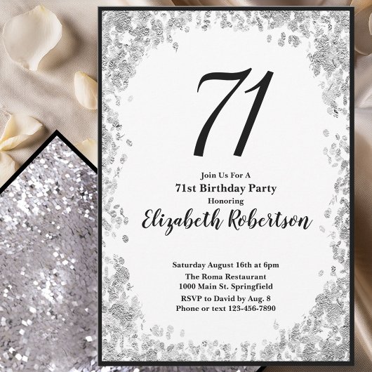 Elegant 71st Birthday Invitation For Her in Silver 招待状