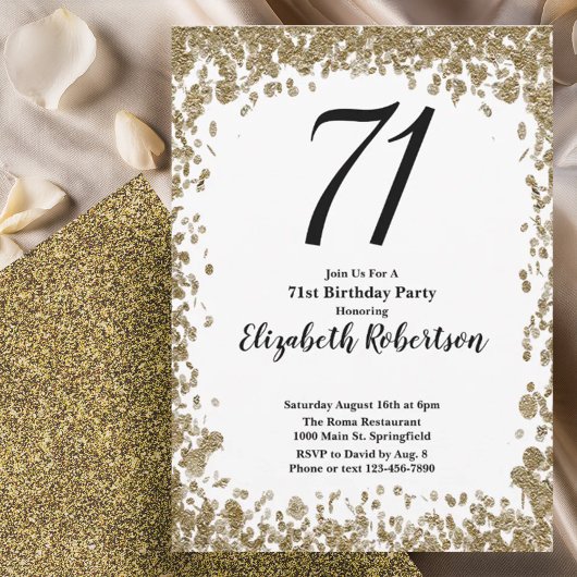Elegant 71st Birthday Invitation With Gold Sequins 招待状