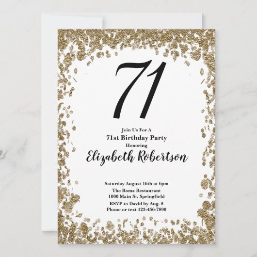 Elegant 71st Birthday Invitation With Gold Sequins 招待状 (正面)