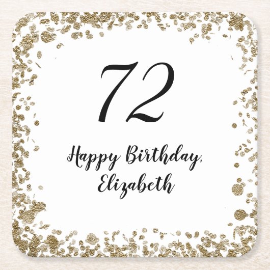 Elegant 72nd Birthday Coasters With Gold Sequins スクエアペーパーコースター (正面)