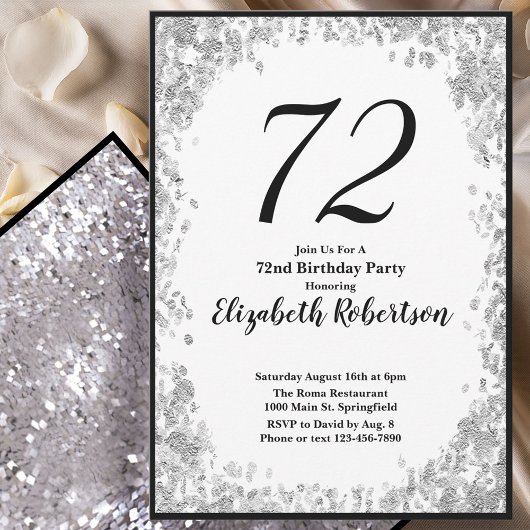 Elegant 72nd Birthday Invitation For Her in Silver 招待状