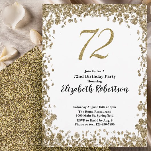 Elegant 72nd Birthday Invitation With Gold Sequins 招待状