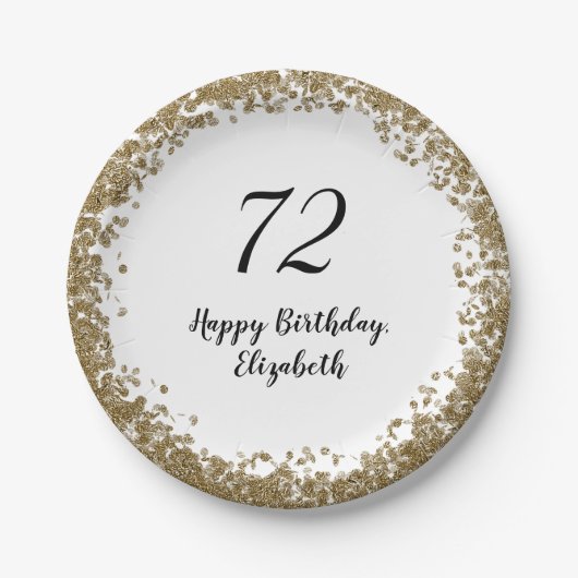 Elegant 72nd Birthday Plates With Gold Sequins ペーパープレート (正面)