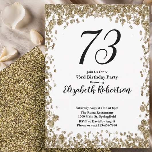 Elegant 73rd Birthday Invitation With Gold Sequins 招待状