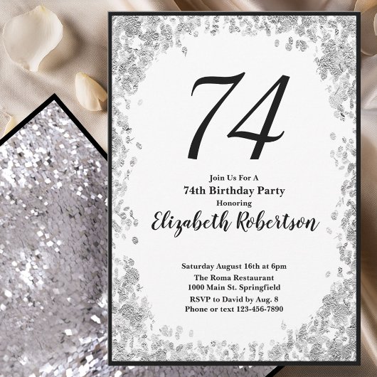 Elegant 74th Birthday Invitation For Her in Silver 招待状