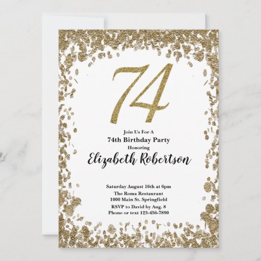 Elegant 74th Birthday Invitation With Gold Sequins 招待状 (正面)