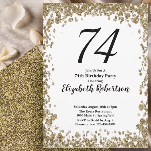 Elegant 74th Birthday Invitation With Gold Sequins 招待状