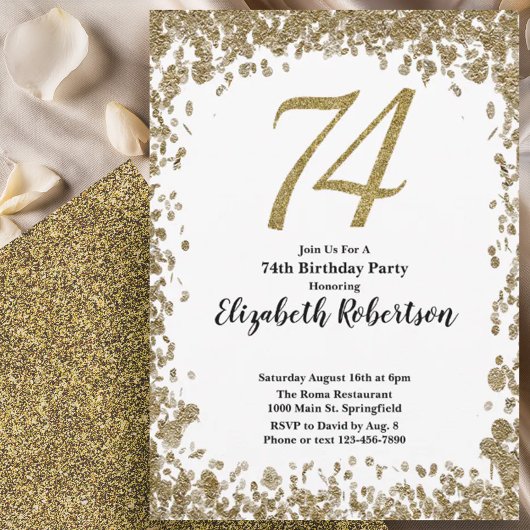 Elegant 74th Birthday Invitation With Gold Sequins 招待状