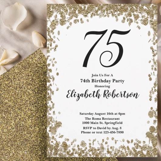 Elegant 75th Birthday Invitation With Gold Sequins 招待状