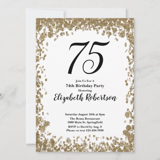 Elegant 75th Birthday Invitation With Gold Sequins 招待状 (正面)