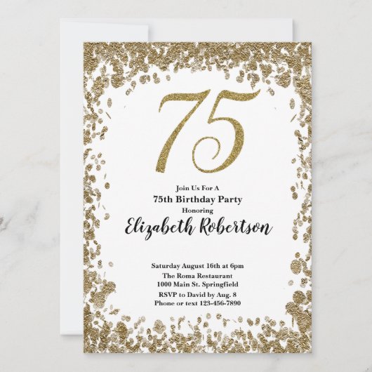 Elegant 75th Birthday White and Gold Sequin 招待状 (正面)