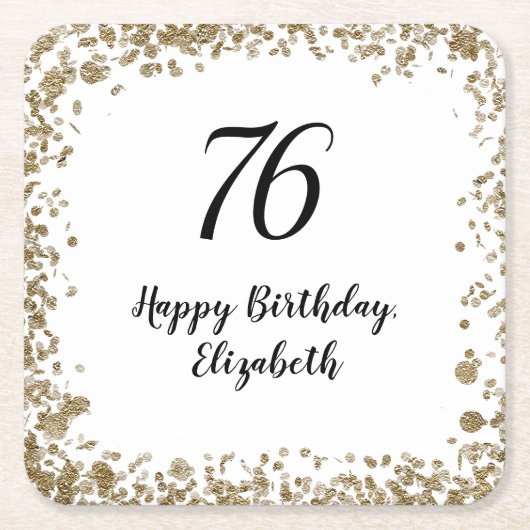 Elegant 76th Birthday Coasters With Gold Sequins スクエアペーパーコースター (正面)