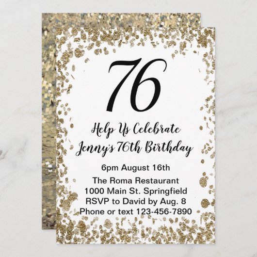 Elegant 76th Birthday Invitation in black and gold 招待状 (正面/裏面)