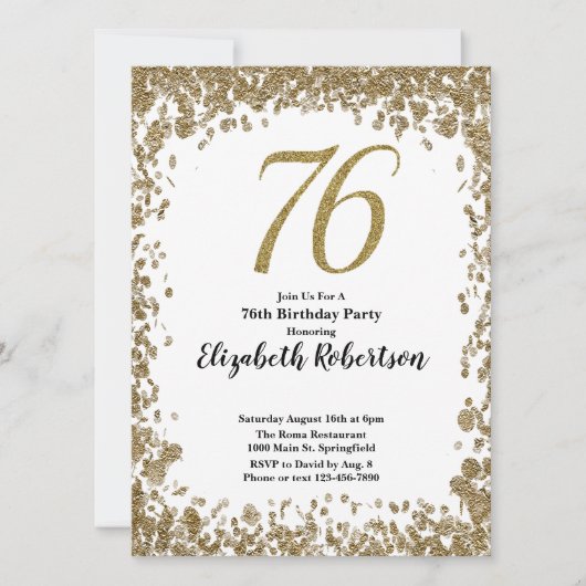 Elegant 76th Birthday Invitation With Gold Sequins 招待状 (正面)
