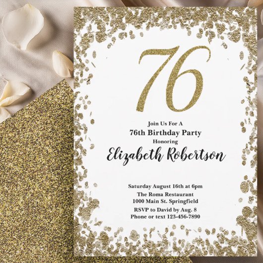 Elegant 76th Birthday Invitation With Gold Sequins 招待状