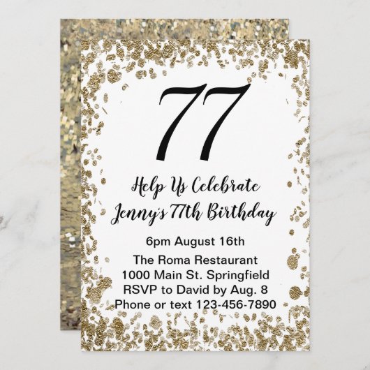 Elegant 77th Birthday Invitation in black and gold 招待状 (正面/裏面)