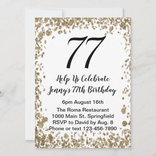 Elegant 77th Birthday Invitation in black and gold 招待状 (正面)