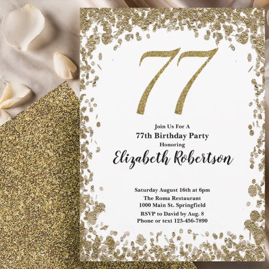 Elegant 77th Birthday Invitation With Gold Sequins 招待状