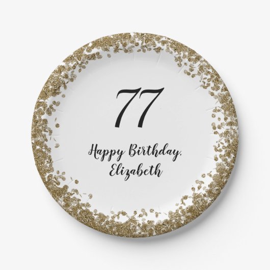 Elegant 77th Birthday Plates With Gold Sequins ペーパープレート (正面)