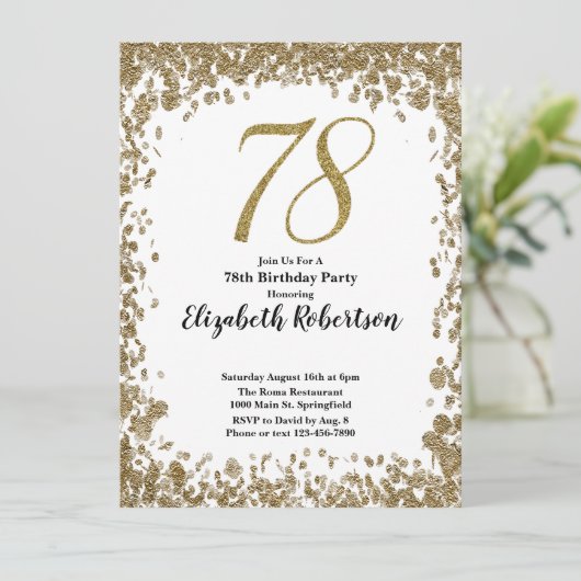 Elegant 78th Birthday Invitation With Gold Sequins 招待状 (スタンド正面)