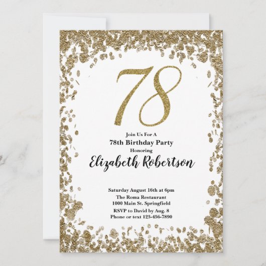 Elegant 78th Birthday Invitation With Gold Sequins 招待状 (正面)