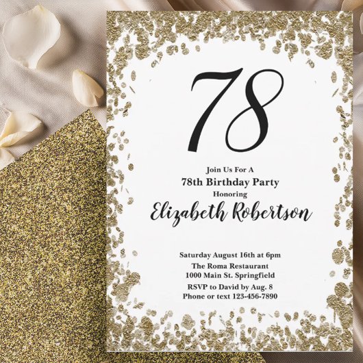 Elegant 78th Birthday Invitation With Gold Sequins 招待状