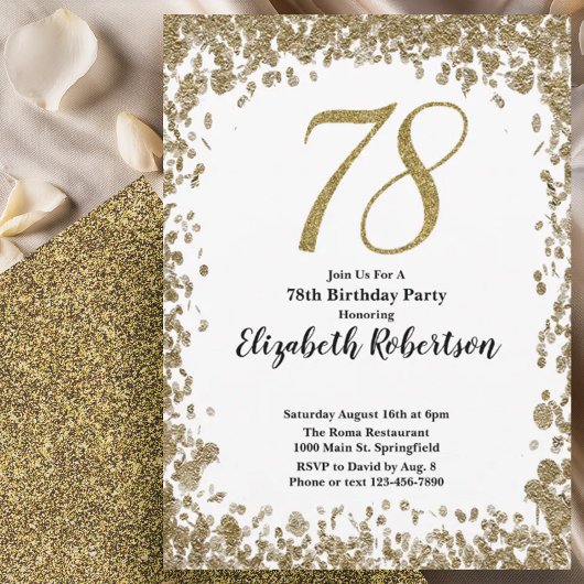Elegant 78th Birthday Invitation With Gold Sequins 招待状