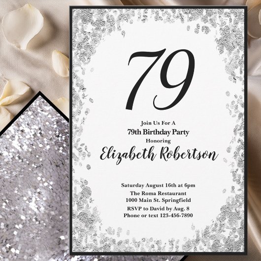 Elegant 79th Birthday Invitation For Her in Silver 招待状