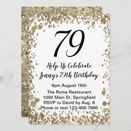 Elegant 79th Birthday Invitation in black and gold 招待状 (正面/裏面)