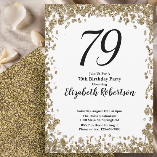 Elegant 79th Birthday Invitation With Gold Sequins 招待状