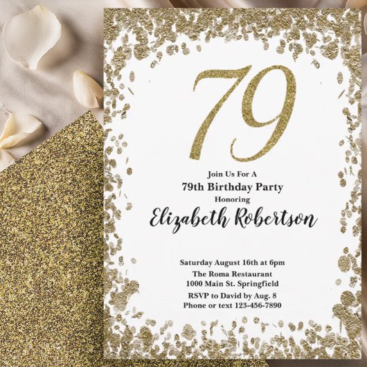 Elegant 79th Birthday Invitation With Gold Sequins 招待状