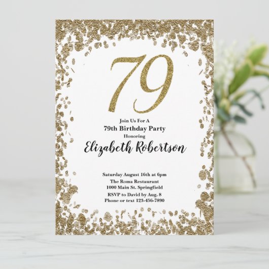 Elegant 79th Birthday Invitation With Gold Sequins 招待状 (スタンド正面)