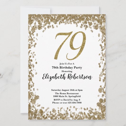Elegant 79th Birthday Invitation With Gold Sequins 招待状 (正面)