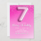 Elegant 7th Birthday Girl with Pink Number Balloon 招待状 (正面)